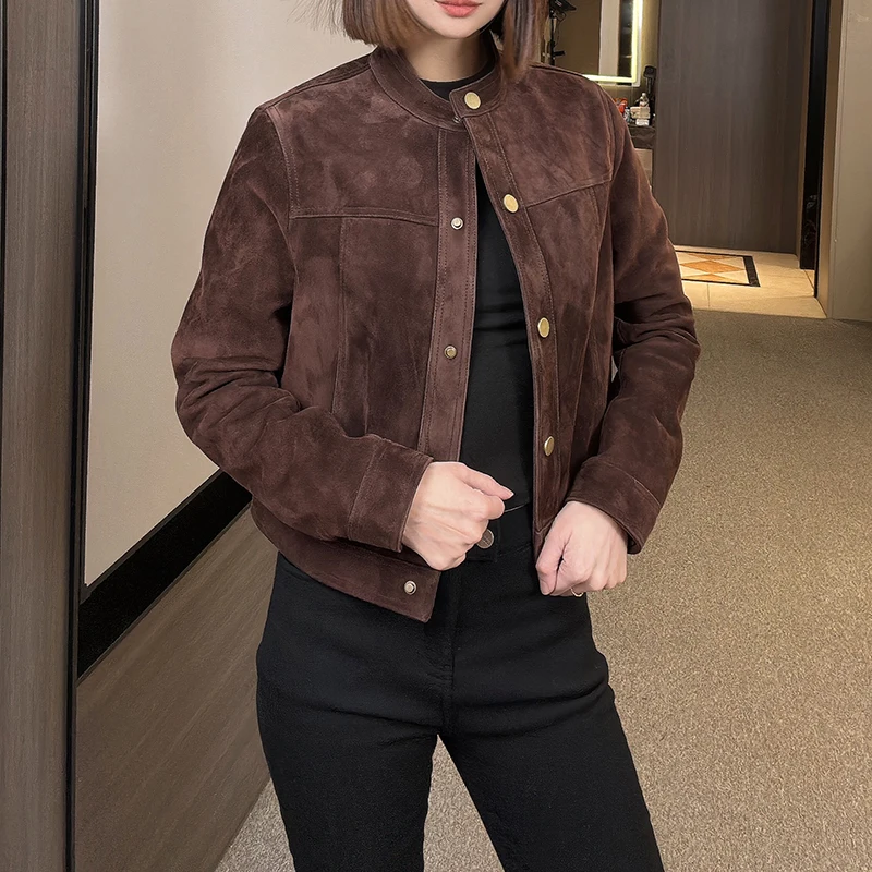 المستوردة جلد الماعز المرأة قصيرة واحدة الصدر سترات من الجلد الحقيقي 2025 خريف خمر طفل الجلد المدبوغ جلد الغنم معاطف السترة الإناث