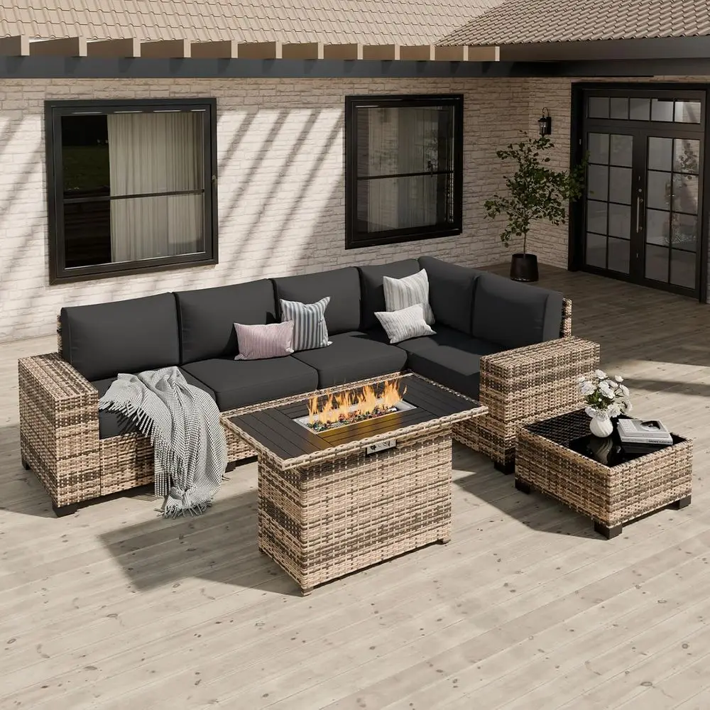 

7-Piece Wicker Patio Sectional Set with 44 Fire Pit Table and Thick Cushions for Outdoor Relaxation