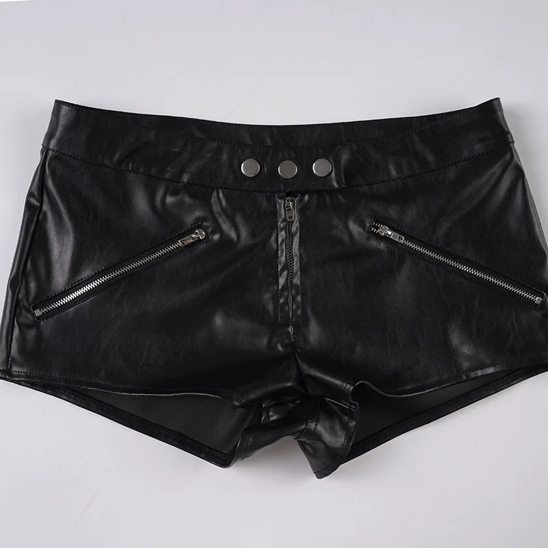 

American Street Punk Style Low Waist Button Pu Leather Shorts Women Zipper Splicing Design Spice Girl Hip-wrapped Hot Pants