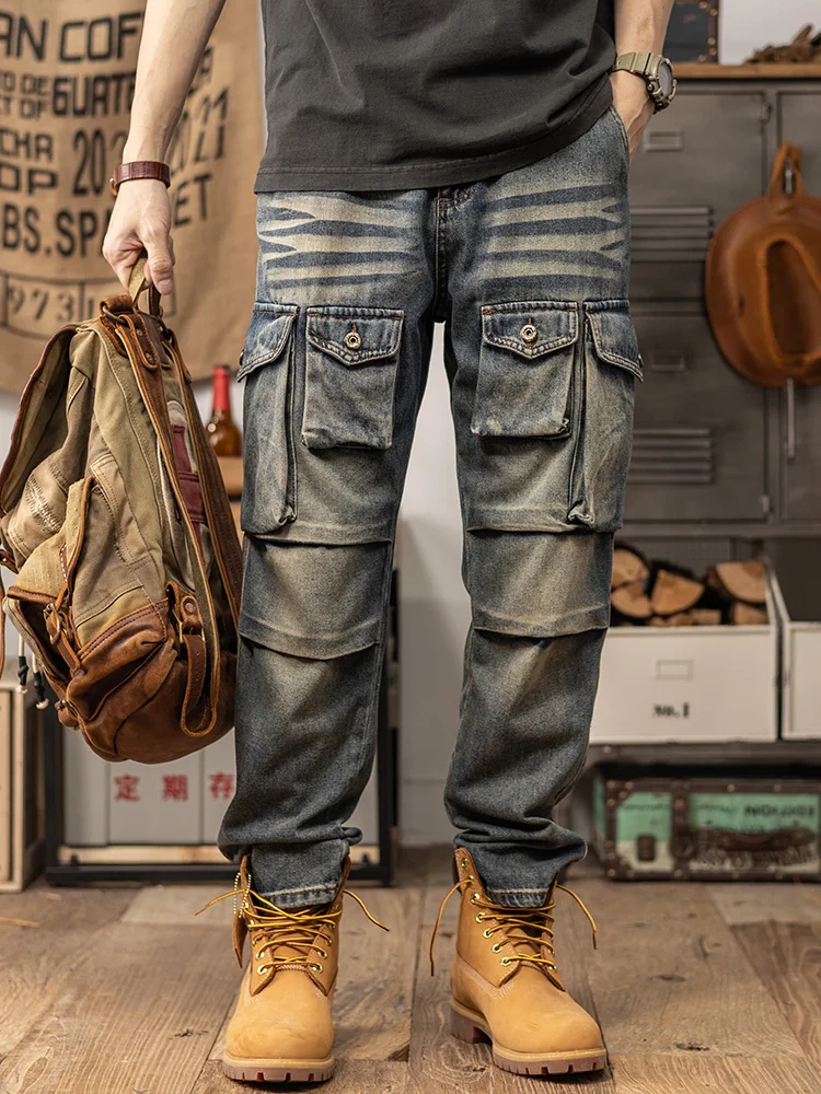 Jeans rétro multi-poches pour hommes, pantalons décontractés polyvalents, pantalons en denim de moto, vêtements de travail haut de gamme, jambe droite, à la mode, nouveau