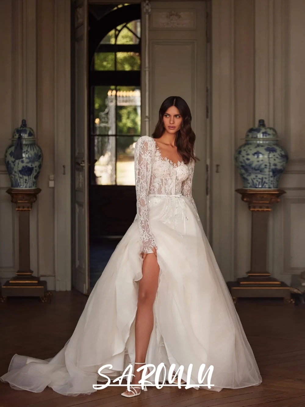 

Dreamy Appliques Sequined Wedding Dress Ethereal A Line Customized Bride Wear Romantic Classy Long Sleeves Corset Bridal Gown