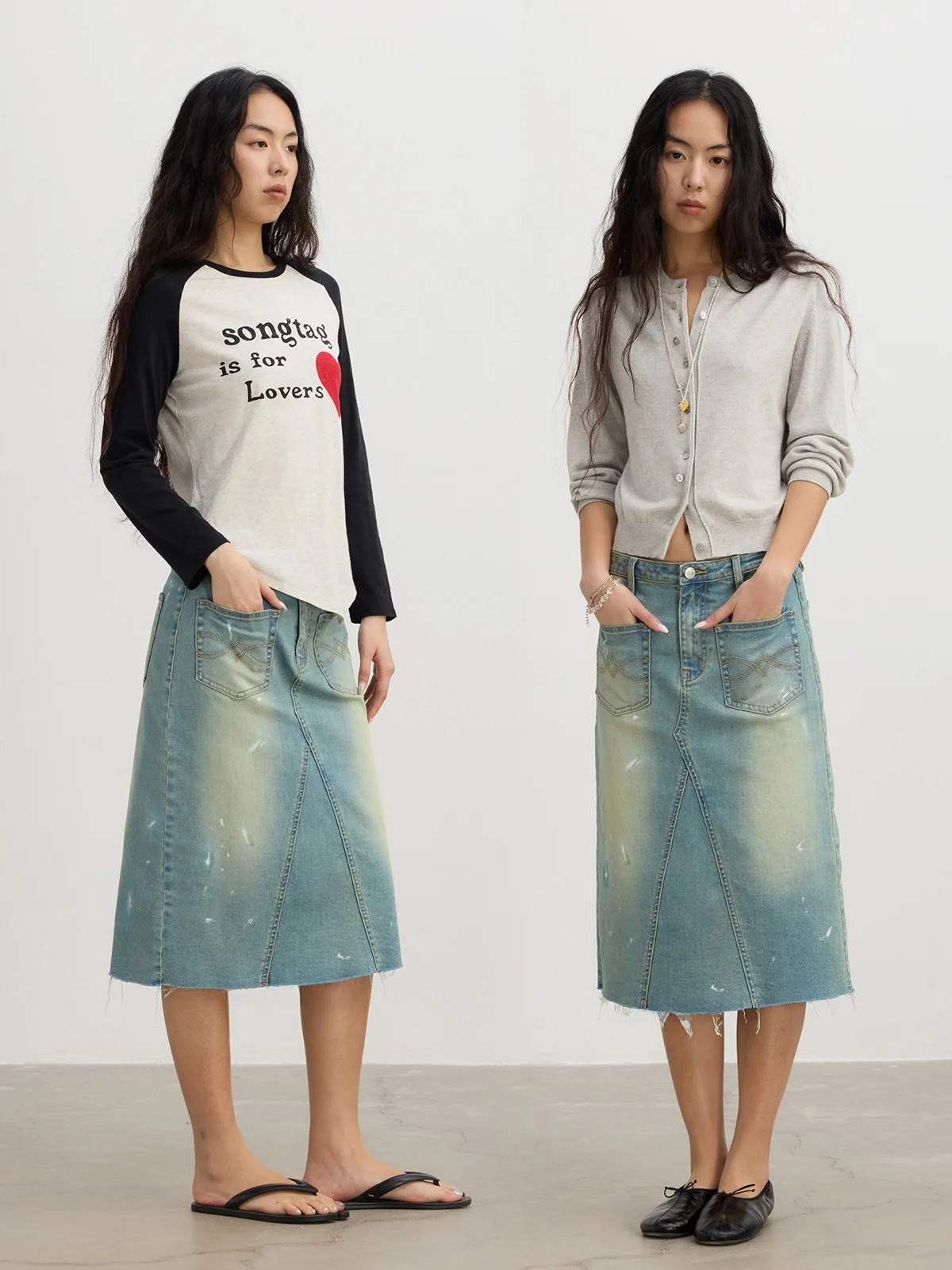 

Retro Washed Cotton Denim Embroidered Patch Pocket Slimming mid Low Waist A-Line Half Skirt Women's Spring Season Straight Leg