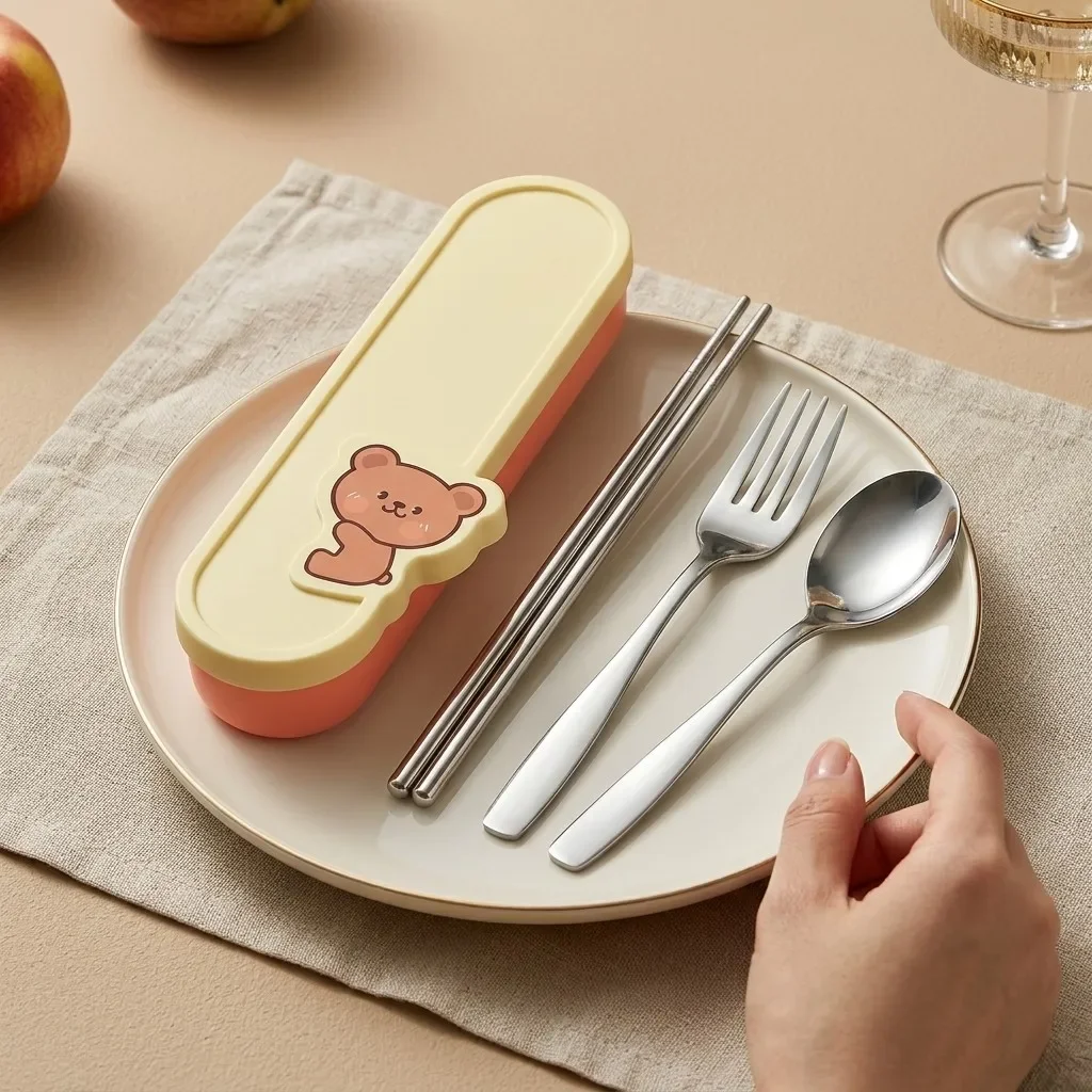 Portable Cutlery Set Stainless Steel Spoon Fork Chopsticks with Cute Bear Case Kids School Travel Lunch Box Utensils Flatware
