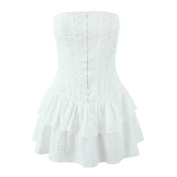 2025 Sexy White Embroidery Hollow Out Hole Lace Strapless Dress Women Hook Buttons Slim Waist Ruffles Hem Tube top Short Robe
