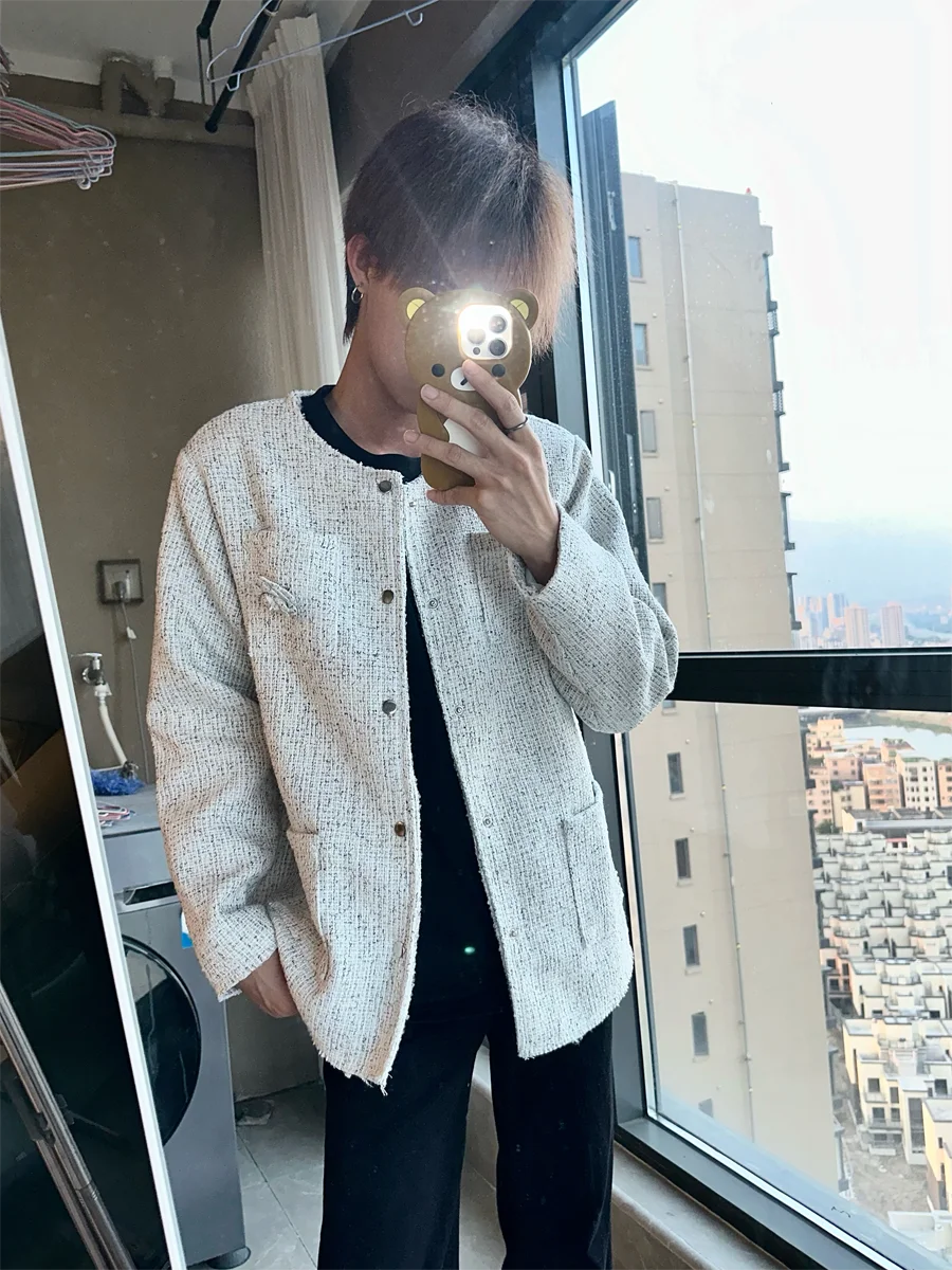 

American Sle oulder Padded Small Fraance Sle Men's Spring Autumn Vintage Rose Design High-End Feeling No Collar Knitt...