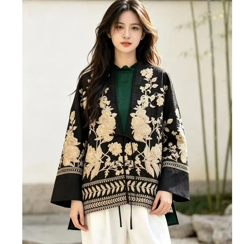 Spring and Autumn New Exclusive Design Vintage V-neck Peony Flower+Wheat Ear Embroidery Exquisite N Elegant Lace up Women's Coat