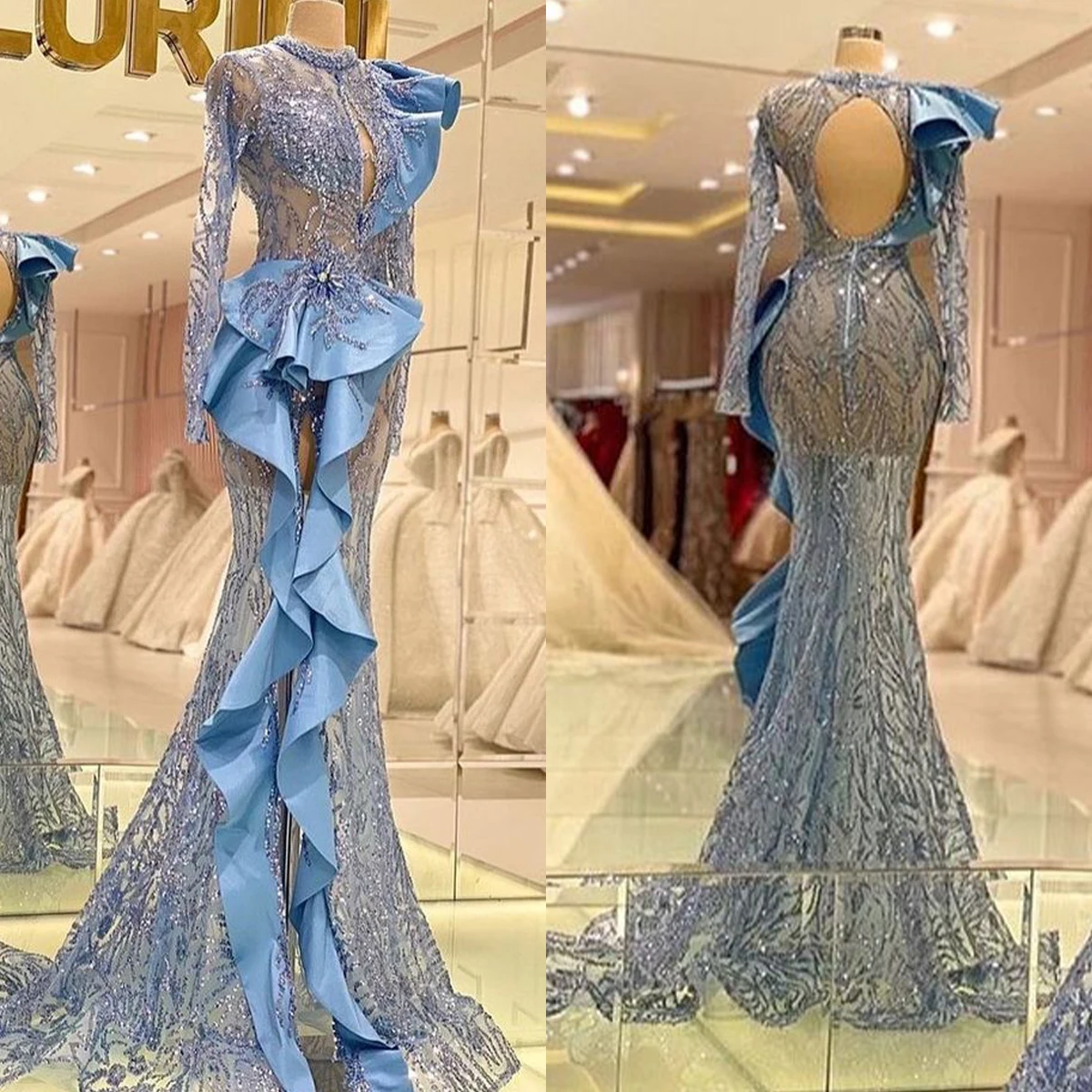 Fashion Evening Dresses Mermaid Jewel Lace Applique Decoration on Waist Side Split Hollow Court Gown Prom Dress Vestido De Noite