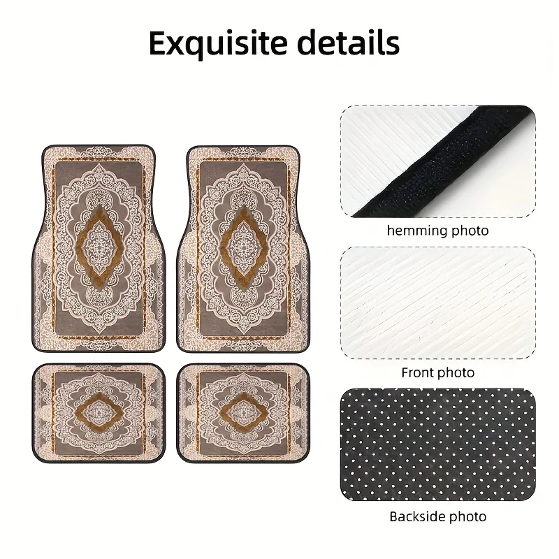 Set Of Four, Vintage Bohemian Brown Design Car Floor Mats That Prevent Slipping, Easy To Clean Interior Additions Made From Synt