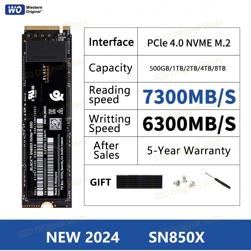 2024 NOWOŚĆ 8TB 4TB 2TB BLACK WO SN850X 1TB NVMe Wbudowany dysk półprzewodnikowy PCIe 4.0 Gen4 z technologią SSD, do 7300 MB/s M.2 2280