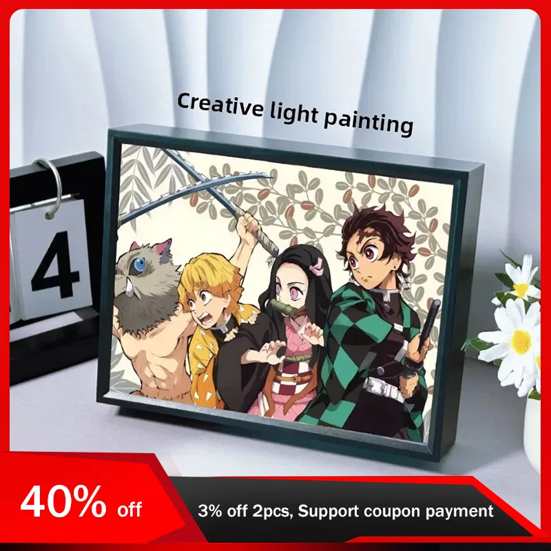 

21cm/8.27in Demon Slayer Light Painting 3D Anime Mirror LED Boxs USB Plug-in Model Acrylic Peripherals Birthday Gifts Decoration