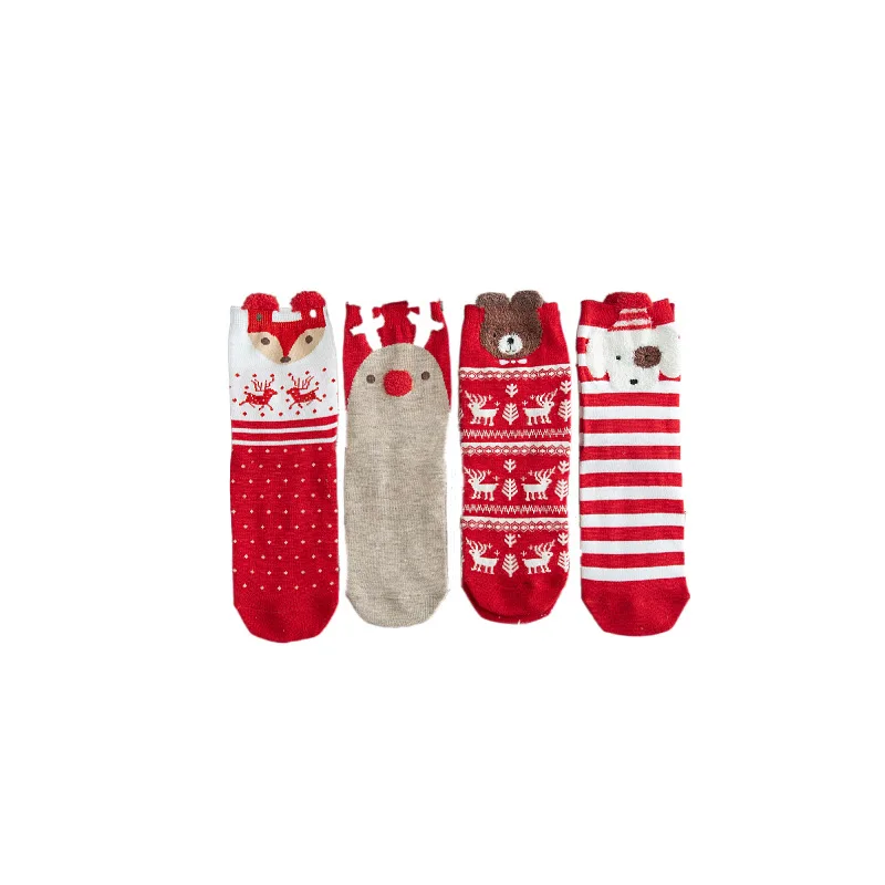 1 par de medias navideñas de Otoño Invierno para niñas y mujeres, calcetines bonitos de reno de dibujos animados, regalo de Navidad rojo, conjunto de calcetines para mujer 2025