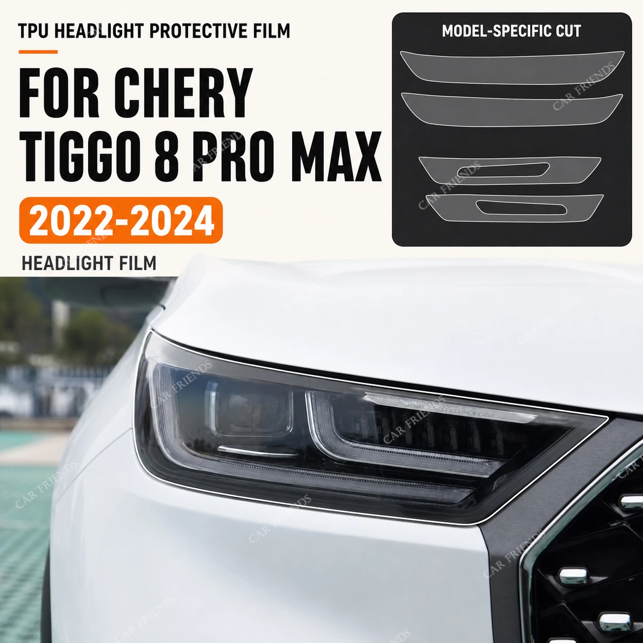 2 Stück Maßgefertigte Vorgeschnittene Transparente TPU-Scheinwerferschutzfolie für CHERY TIGGO 8 Pro Max 2022-2024 Autolampenschutz