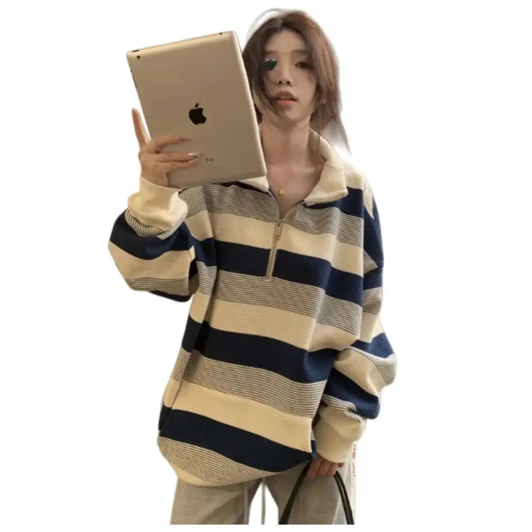 المرأة سويتر مقلم 2025 الخريف المرأة Preppy البلوز بياقة نصف البريدي فضفاض حجم كبير سترة طالب صغيرتي ودية