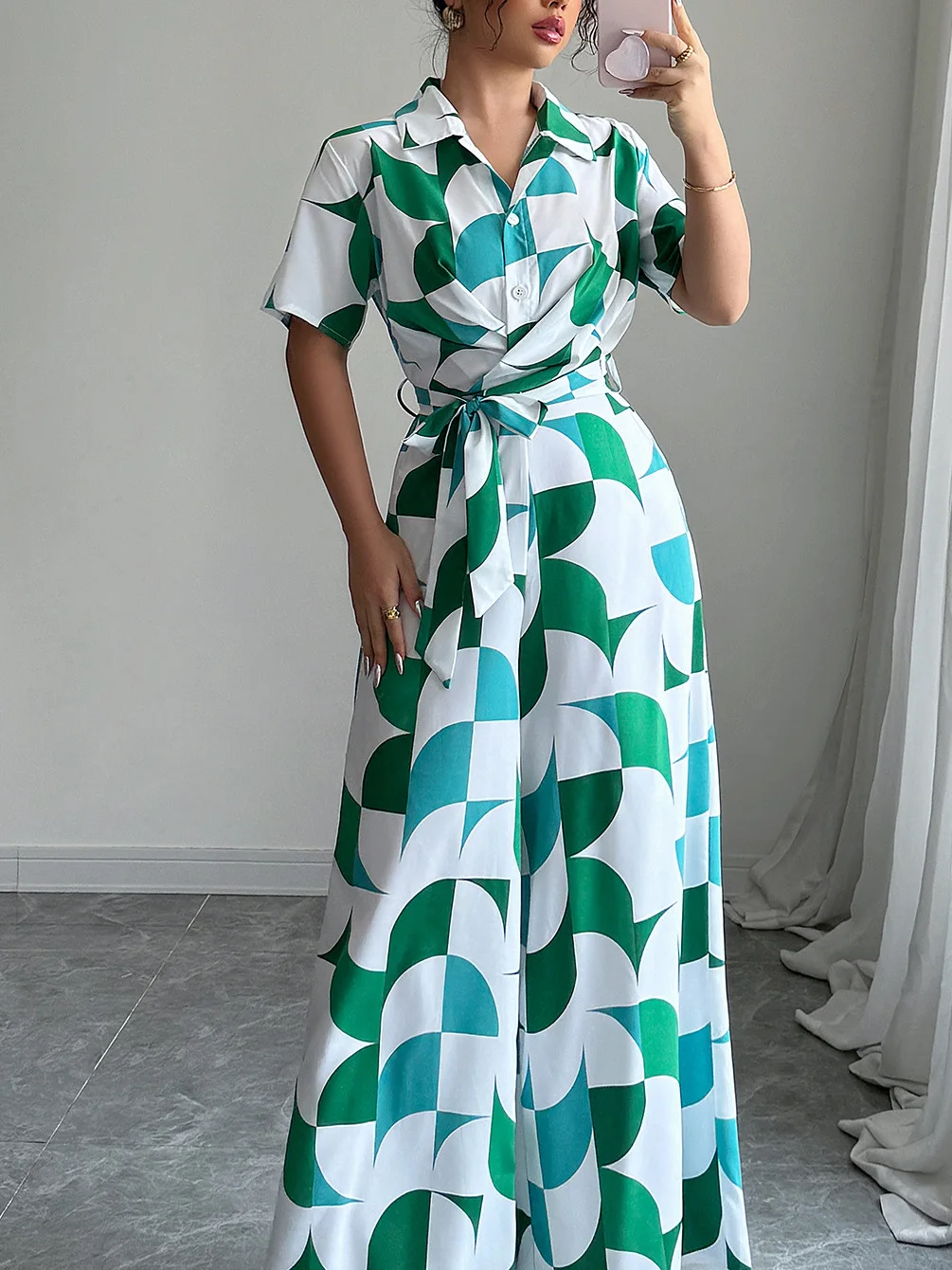 

Новый повседневный комбинезон с широким вырезом, цветной блуз, длинные брюки с высокой талией, полиэфирное волокно, летняя коллекция, женский костюм