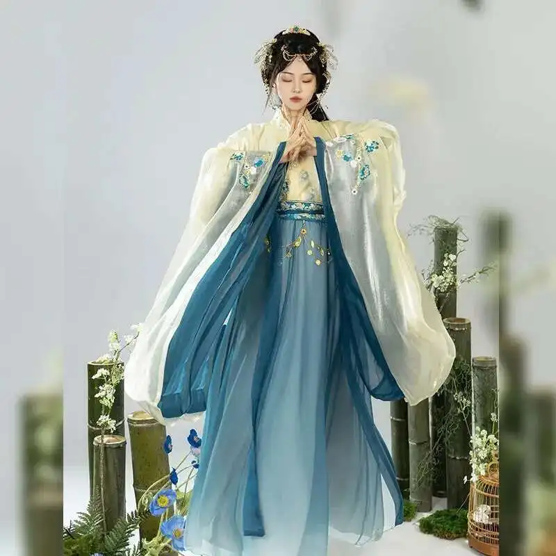 

Qing Yi Hua Shang Lan Yao Wei Jin Feng Han Fu Женская юбка с перекрестным воротником и широким рукавом Северной Южной Династии длиной до талии Сломанная юбка