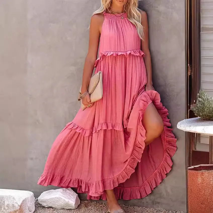 Summer New Style Long Beach Dress Women's Gauze  Holiday Style Midi Skirt Loose Fit Polyester Material Commute Basic Model