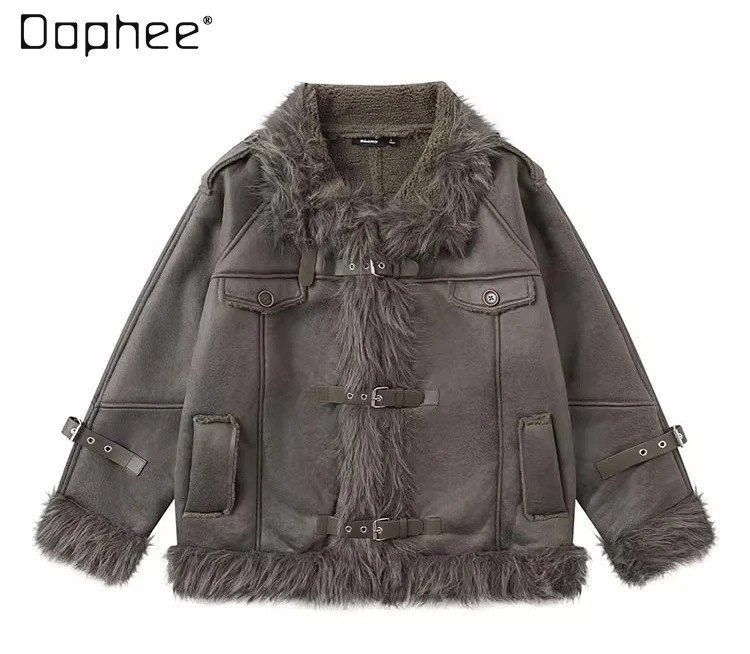 

Autumn Winter New Men's Dark Green Fur Collar Thickened Suede Jacket American Retro Dark Gray Padded Cotton Coat