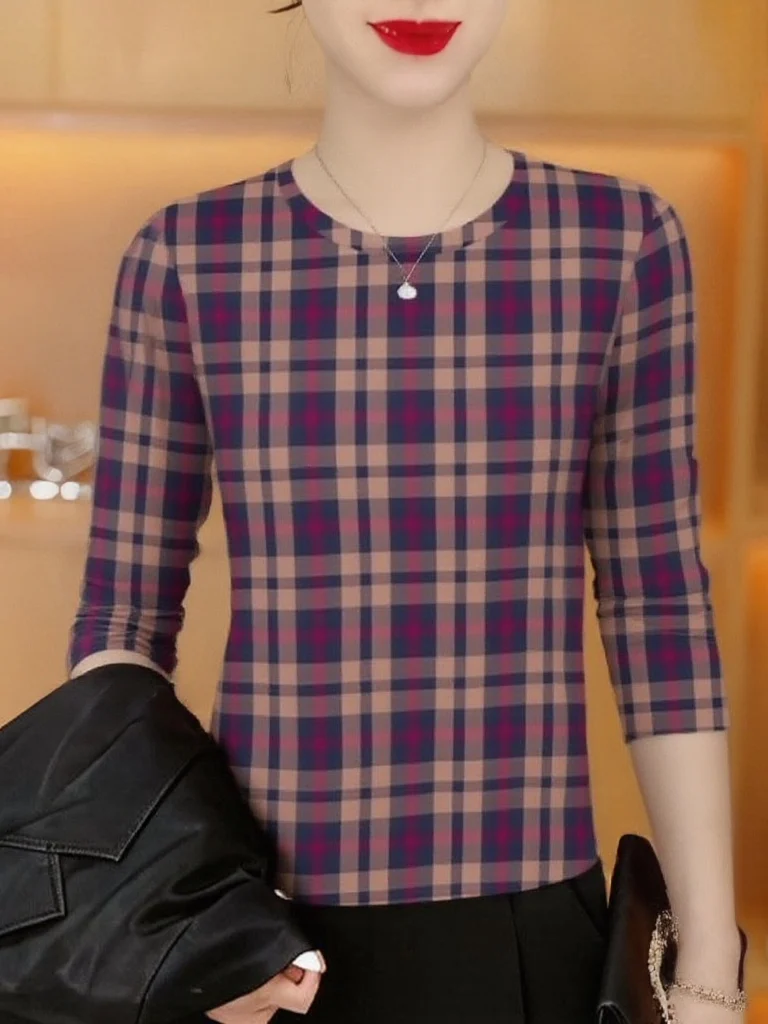 

Elegant Plaid Long Sleeve Base Shirt Women's Middle-Aged And Elderly Fashion Age-Defying Belly Cover T-Shirt Outerwear Top