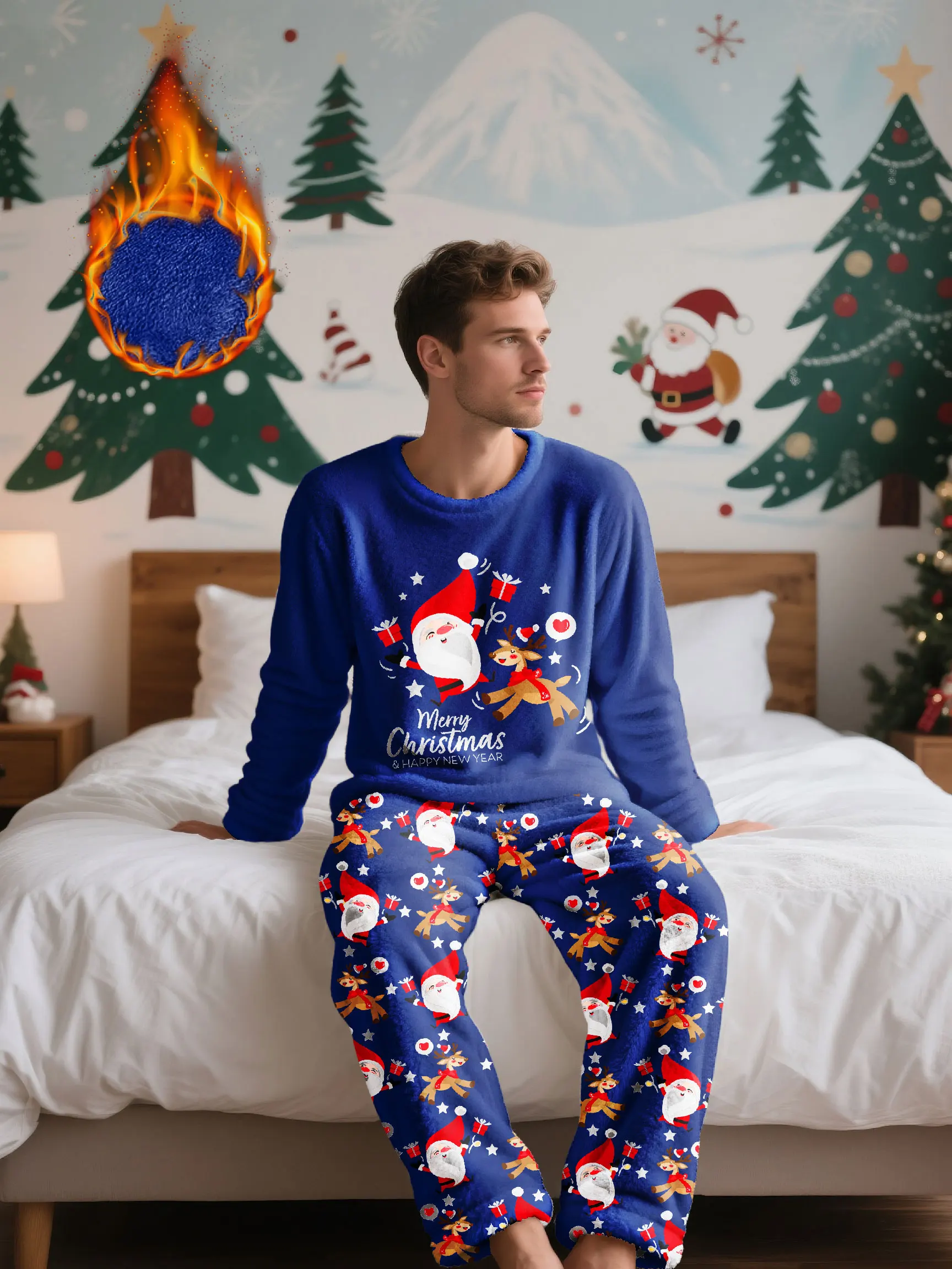 

Men's Christmas-themed fleece pajama set, featuring a long-sleeve top and matching pants, comfortable and casual loungewear