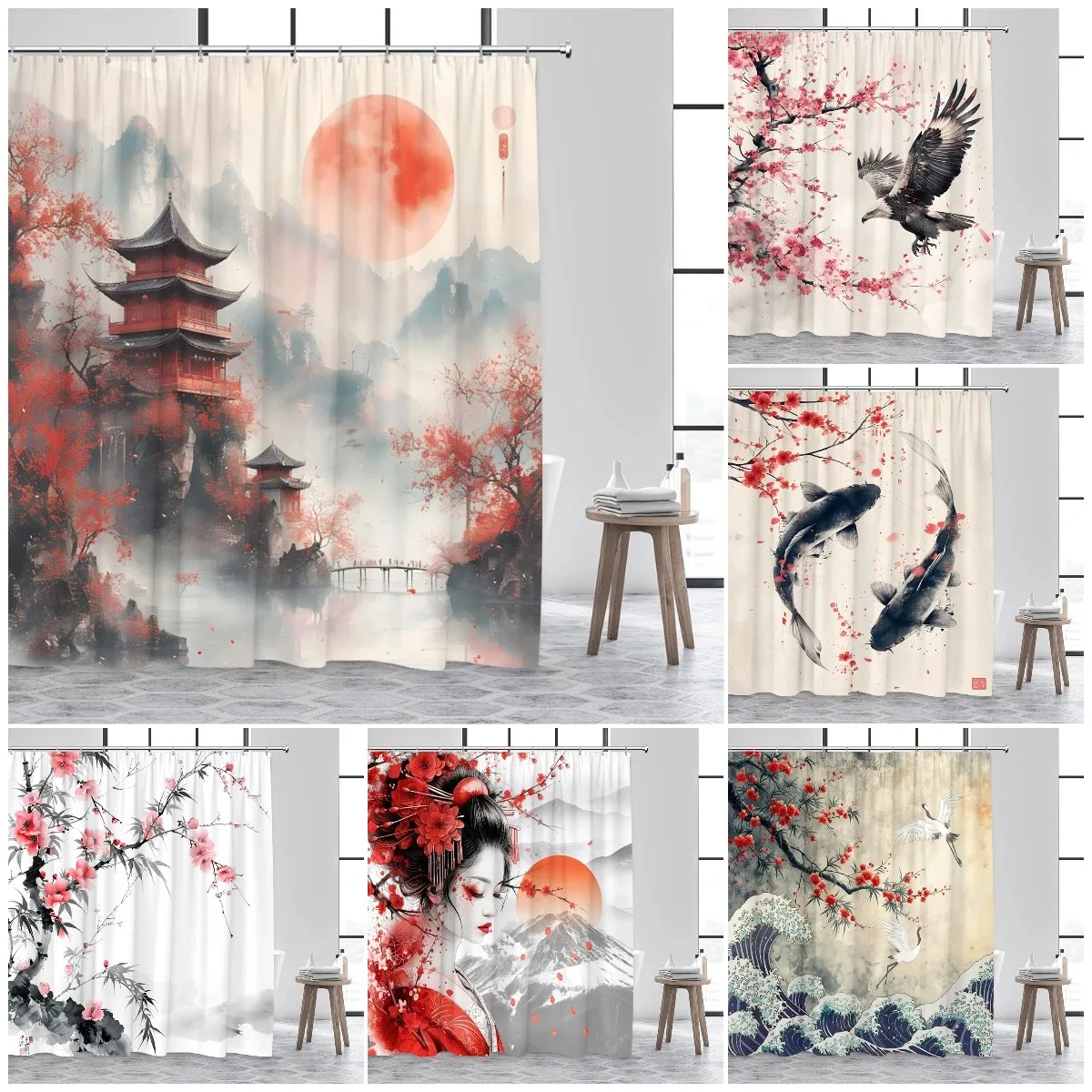 Japanese Style Ink Landscape Shower Curtain Sea Waves Crane Koi Fish Mountain Waterfall Plant Floral Bathroom Curtains Decor Set