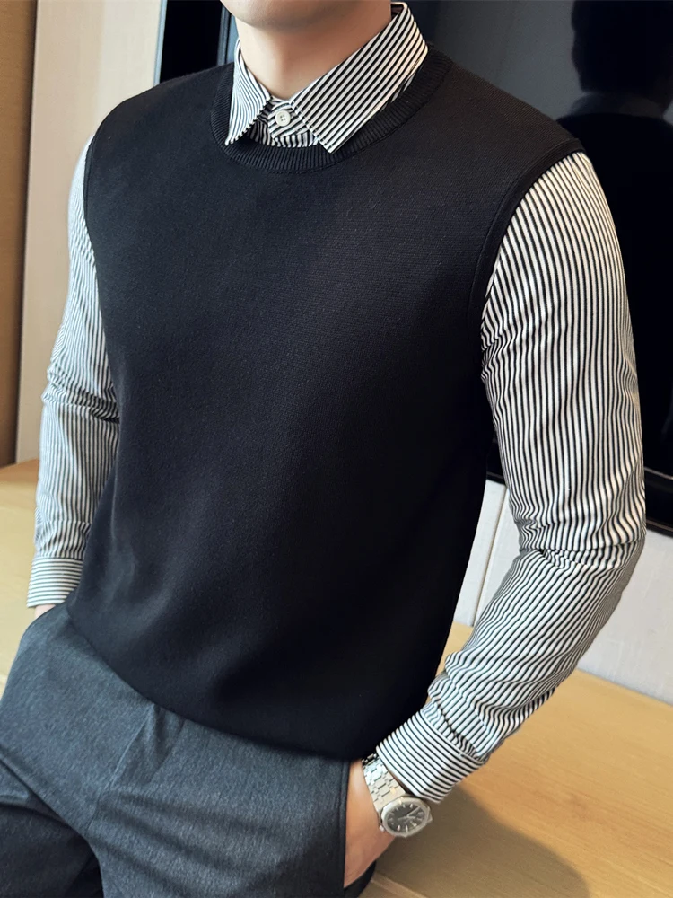 

Мужской вязаный жилет с круглым вырезом и воротником-стойкой, молодежный трикотаж, модный, приталенный, для делового стиля, для джентльменов