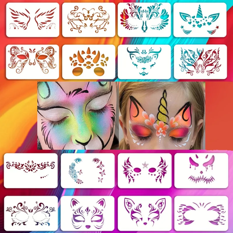 

16 Pcs Reusable Face Painting Templates, Party Makeup Tool, Face Body Painting Tattoos Templates, DIY Art Drawing Templates