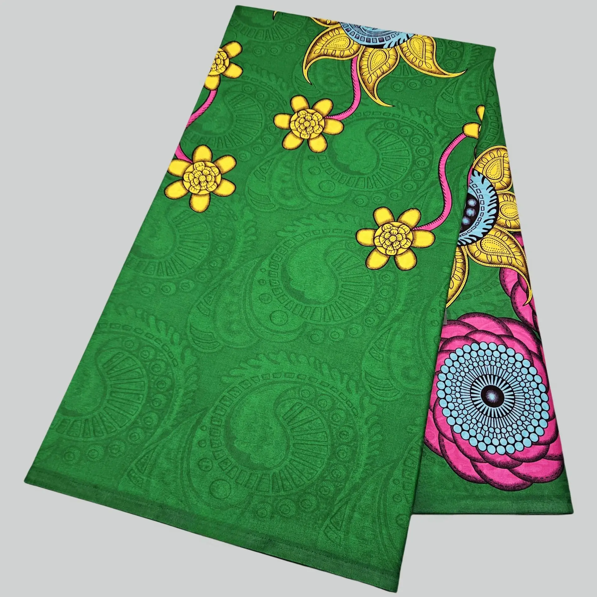 Yellow Floral Pink Floral Green Cotton African Waxed Fabric for DIY Sewing Dress Clothes Jacket Cushions 6Yards Long FR6072