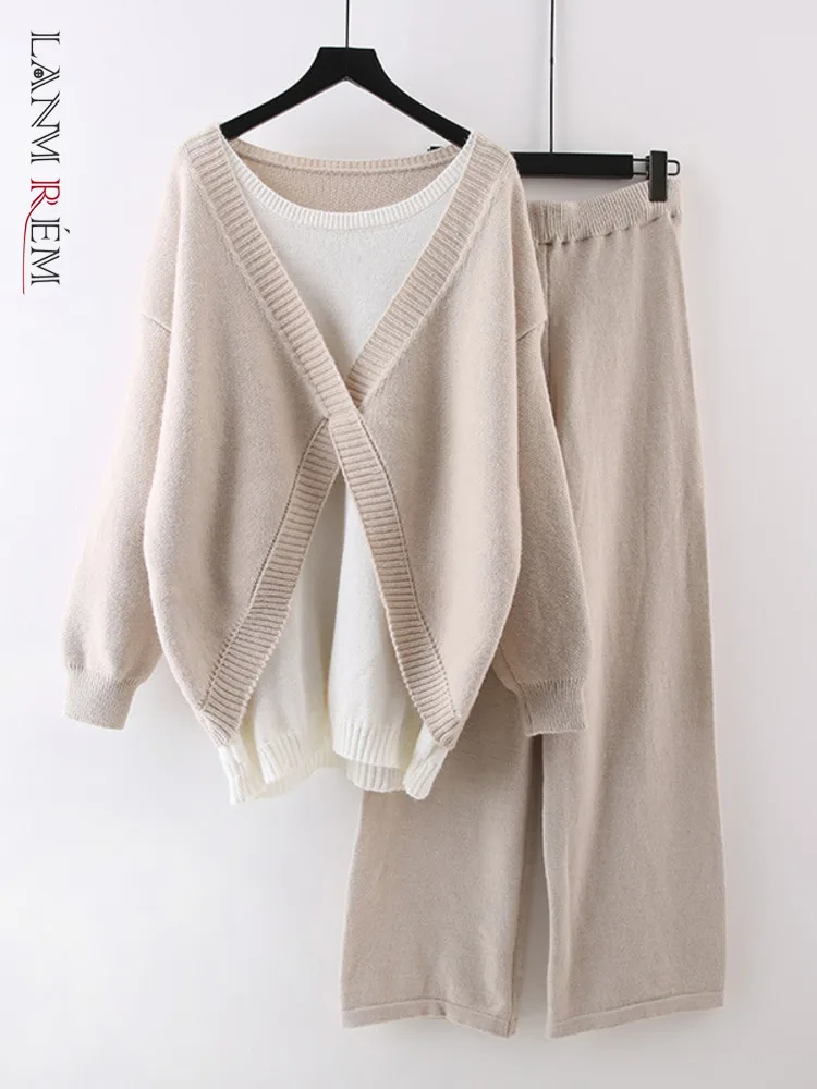 LANMREM Casual Knited Two-piece Set Women's O-neck Long Sleeves Color Contrast Sweater With Elastic Waist Wide Leg Pants 2Z3125