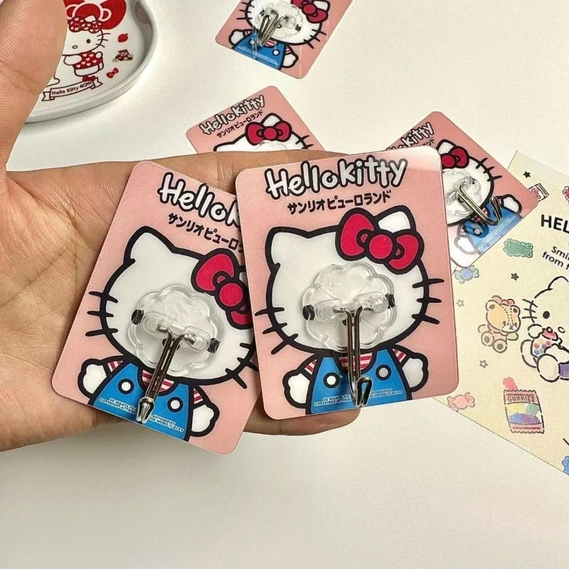 New Hello Kitty Cartoon Cute Powerful Hook Kawaii Girl Heart No-Punch Sticky Hook Wall Decoration Seamless Load-bearing Storage