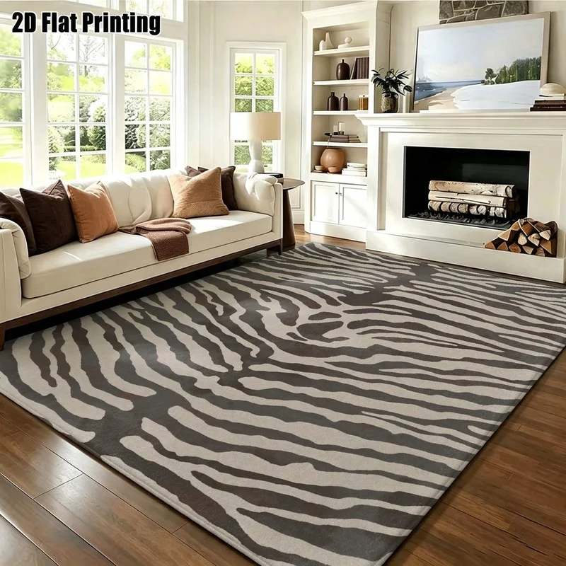 Large Indoor Area Rug, Soft Velvet Low Pile Machine Washable Neutral Zebra Striped Rug for Living Room, Bedroom, Modern Home Floor Decor