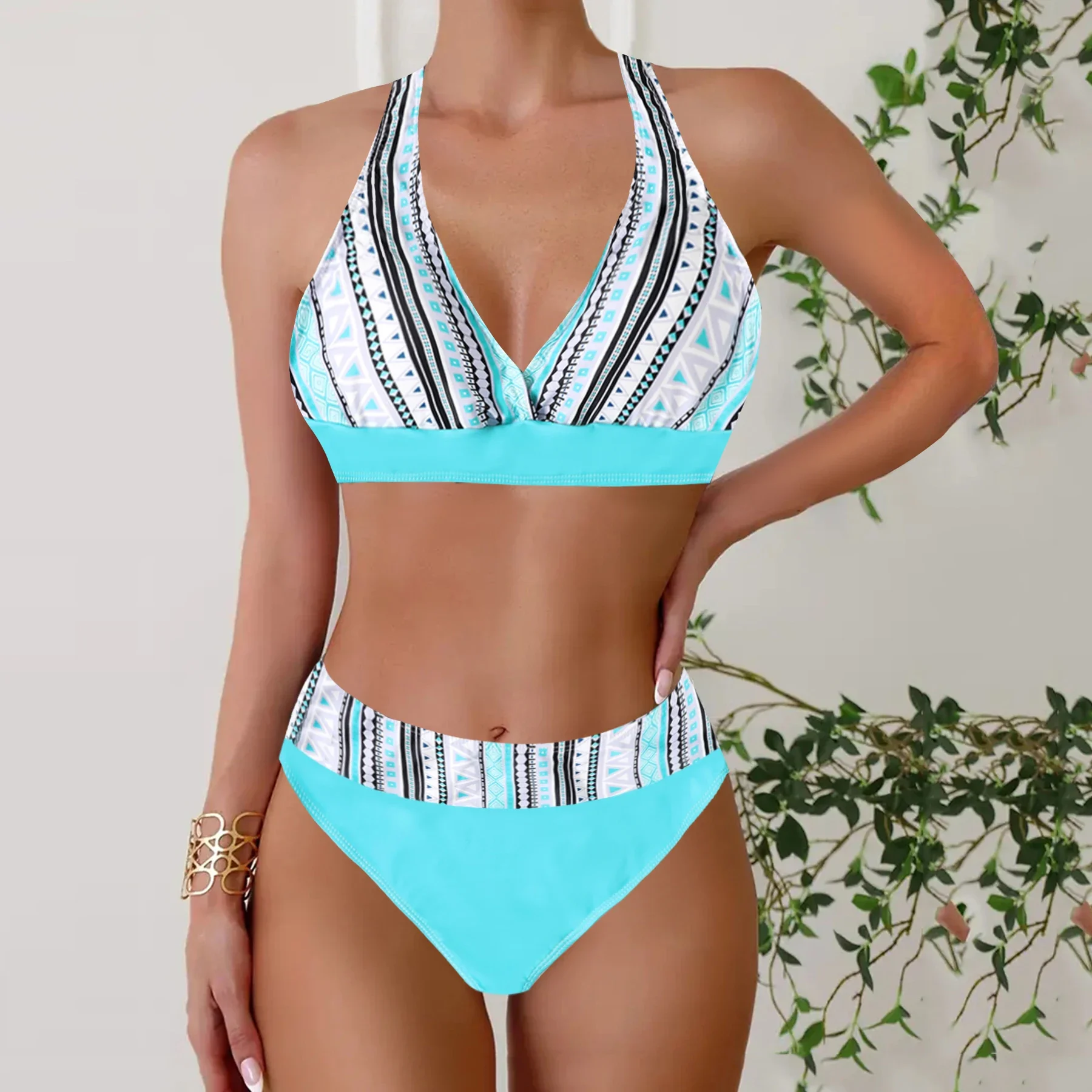 Conjunto tankini de duas peças com estampa tropical, trajes de banho de biquíni sexy de verão, trajes de banho femininos e roupas de praia