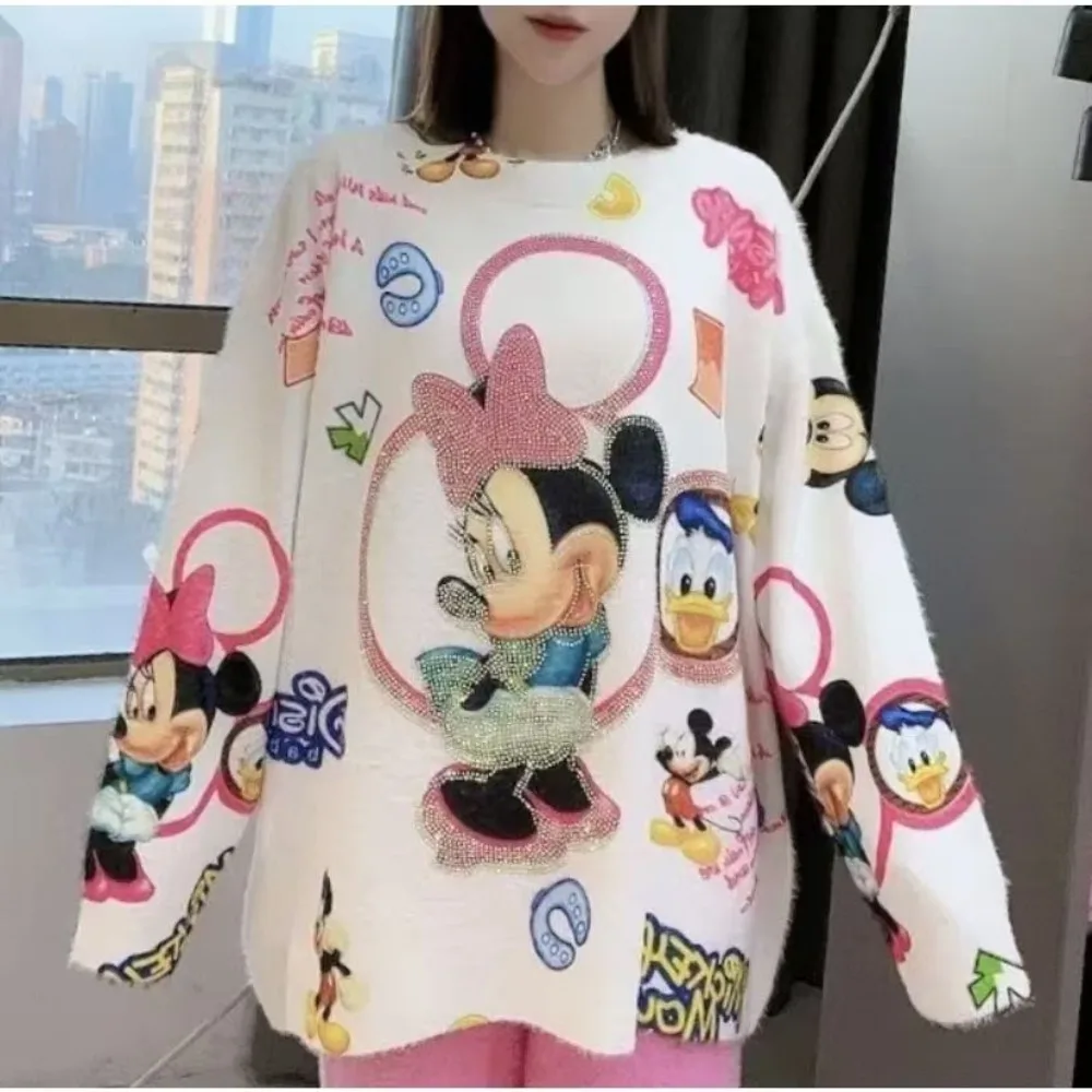سترة نسائية كبيرة الحجم بطباعة كارتون ديزني، بلوفر ميني آند دونالد داك مطرز بالترتر، بلوزة كاجوال فضفاضة بأكمام طويلة متماسكة