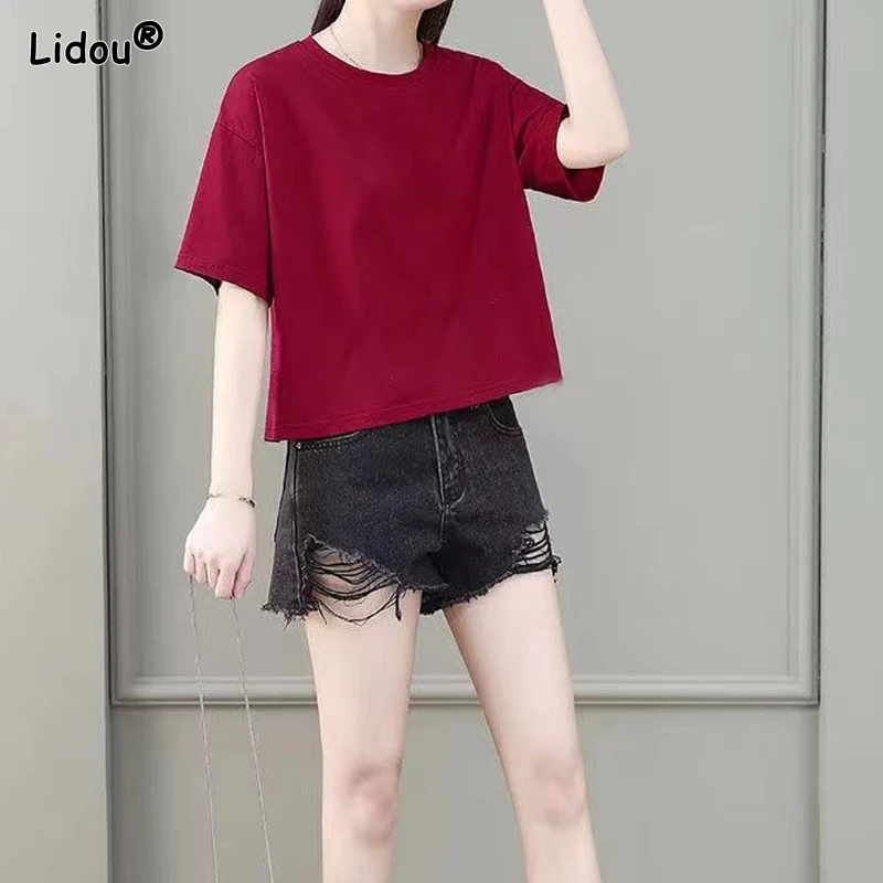 Simplicity Thin Summer Loose Solid Color T-Shirts Round Neck Pure Cotton Women's Clothing Casual Straight Pullovers Comfortable