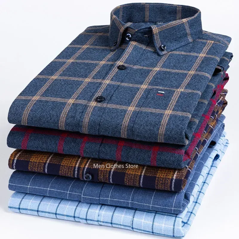 Pure Cotton Men's Plaid Shirt Long Sleeve Regular Fit Men Casual Oversized Shirt Leisure Autumn Male Clothes New Plus Size
