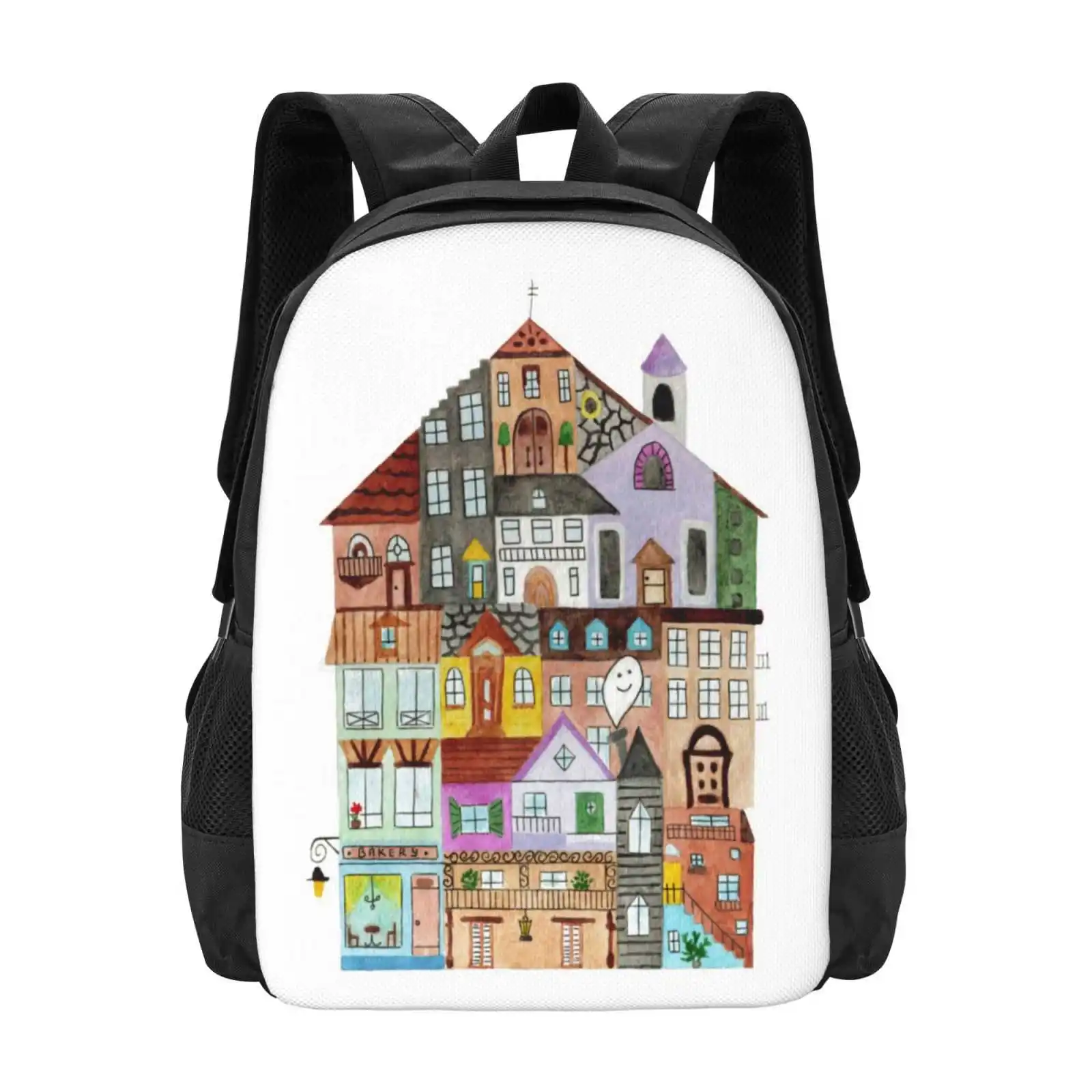 Houses Pattern Design Bagpack School Bags House Building Home Watercolor Cute Castle Old Retro Cafe Coffeeshop Bakery Roof