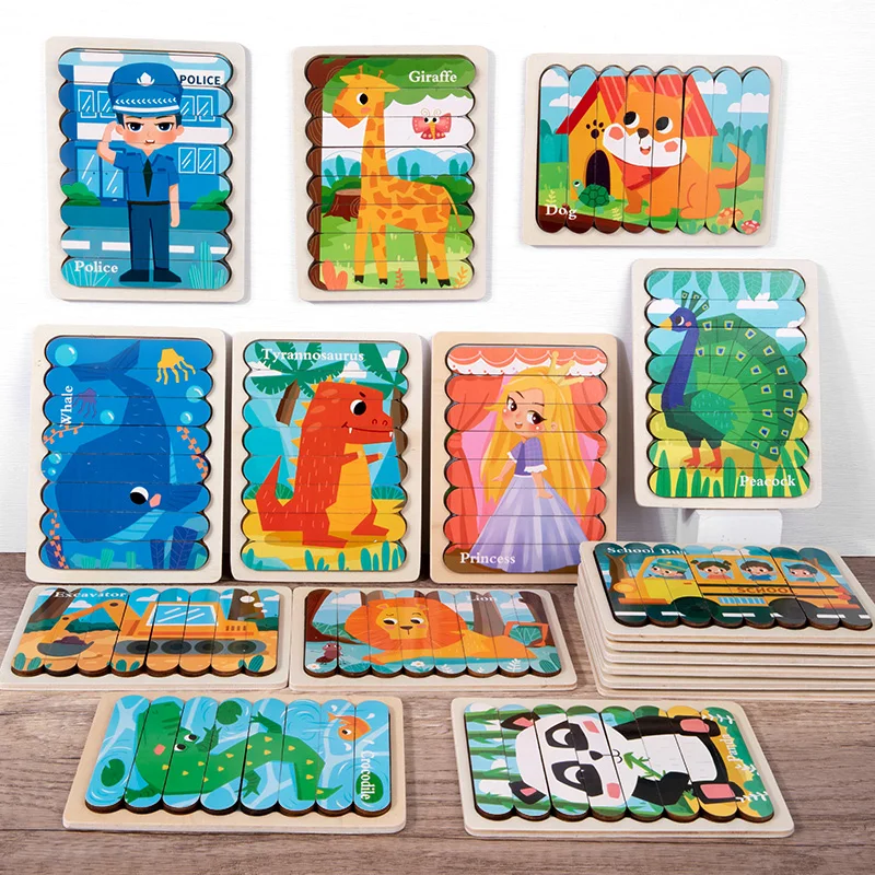 Puzzles d'animaux de dessin animé pour enfants, bande double face, jeu de puzzle Montessori, jouets en bois pour bébé dos