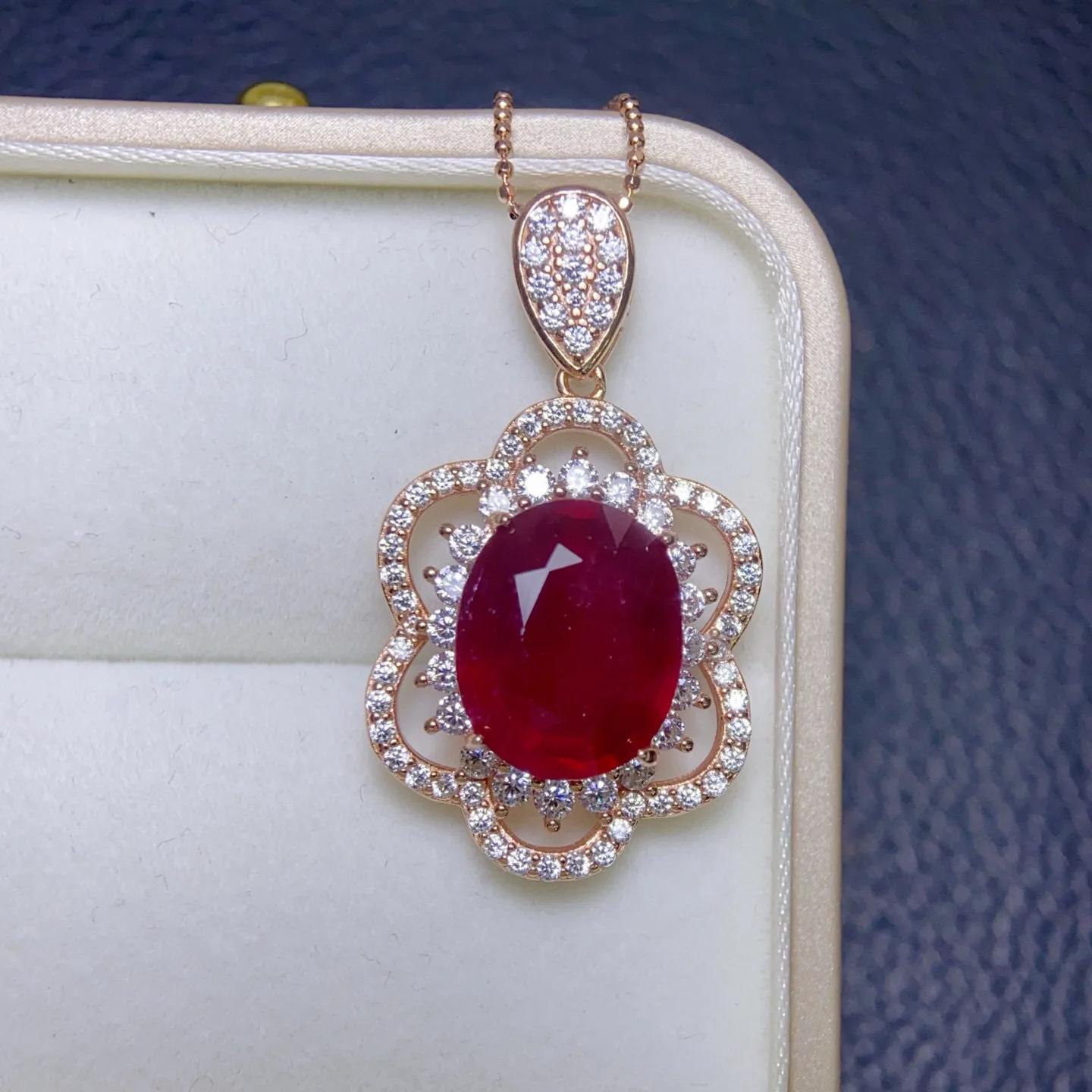 11x14mm New Heat Treated Ruby Pendant Necklace 925 Silver Rose Gold Plated with Cubic Zirconia Halo for Women