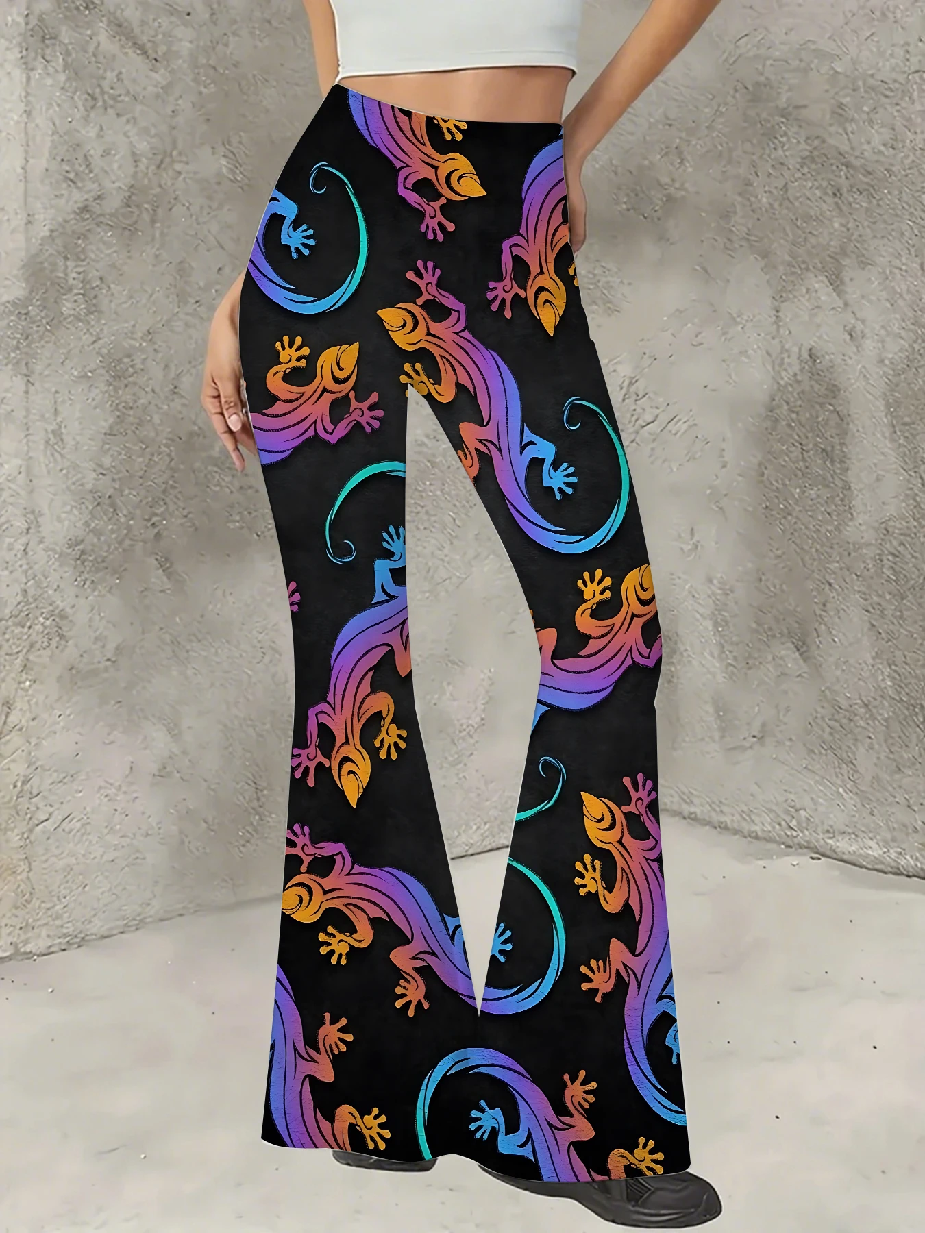 

Korean Style Printed Flare Pants Women High Waist Slim Fit Bell Bottom Leggings