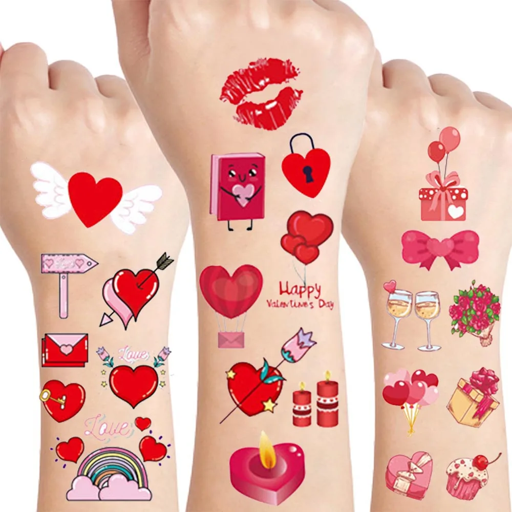 10 Sheets Valentine's Day Temporary Tattoos Happy Valentine's Day Red Love Heart Kiss Bouquet Tattoo Stickers Wedding Decors