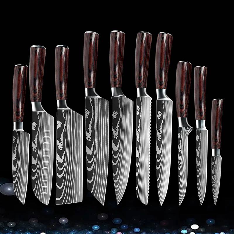 Chef Knife Set 1-10PCS Laser Damascus Pattern Kitchen Knives Sharp Stainless Steel Cleaver Vegetable Fruit Slicing Utility Knife