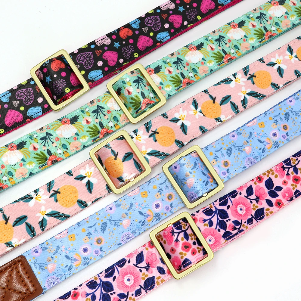 Personalized Nylon Dog Collar Flower Printed Puppy Collars Free Custom Pet ID Name Leather Collars For Small Large Dog Chihuahua