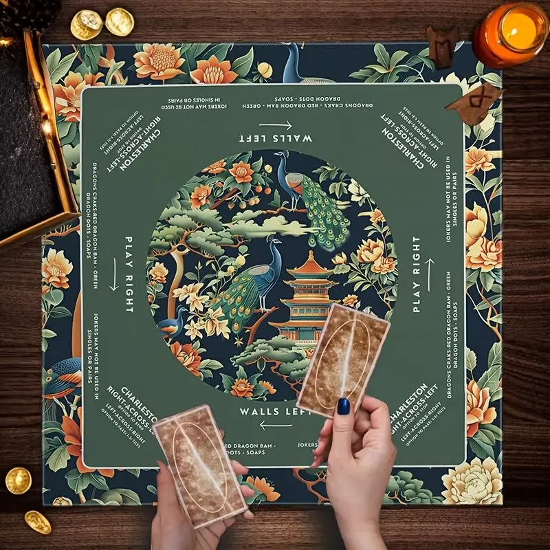 VIKAMA Peacock Pagoda American Mahjong Table Mat, Noise-Reducing Square Game Table Mat, American Mahjong Poker Table Decoration