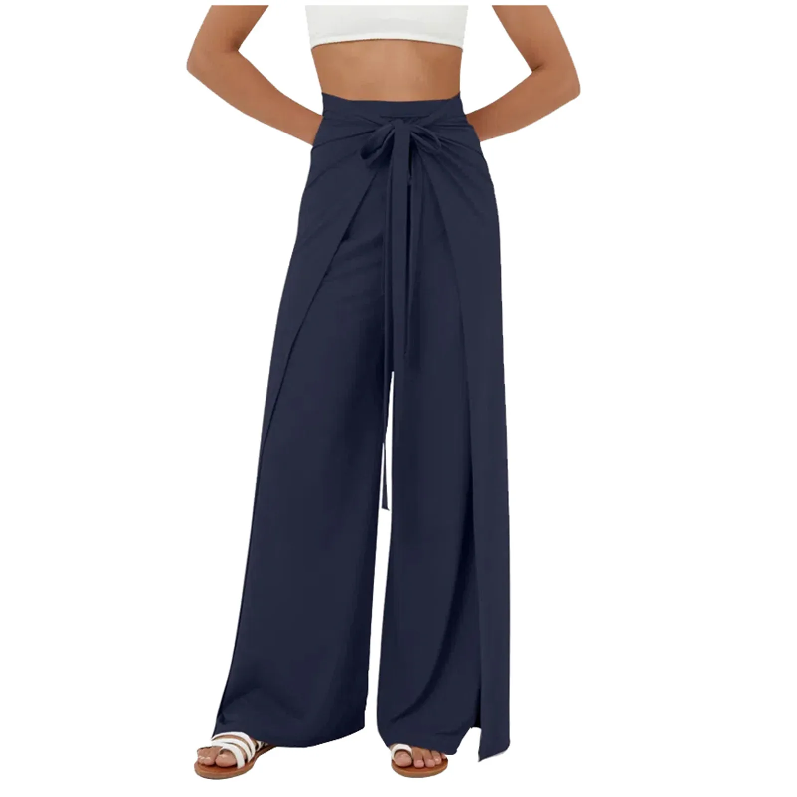 High-Waist Belt Slit Wide-Leg Quick-Drying Casual Pants Yoga Wide-Leg Pants Side Slit Summer Casual Wide-Leg Pants Pantalon