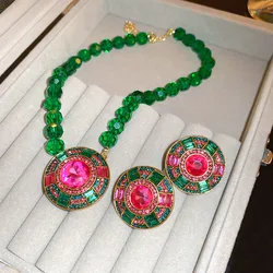 Luxury Green Crystal Necklace Earrings For Women Geometric Colourful Earrings Weddings Banquet Jewelry Sets