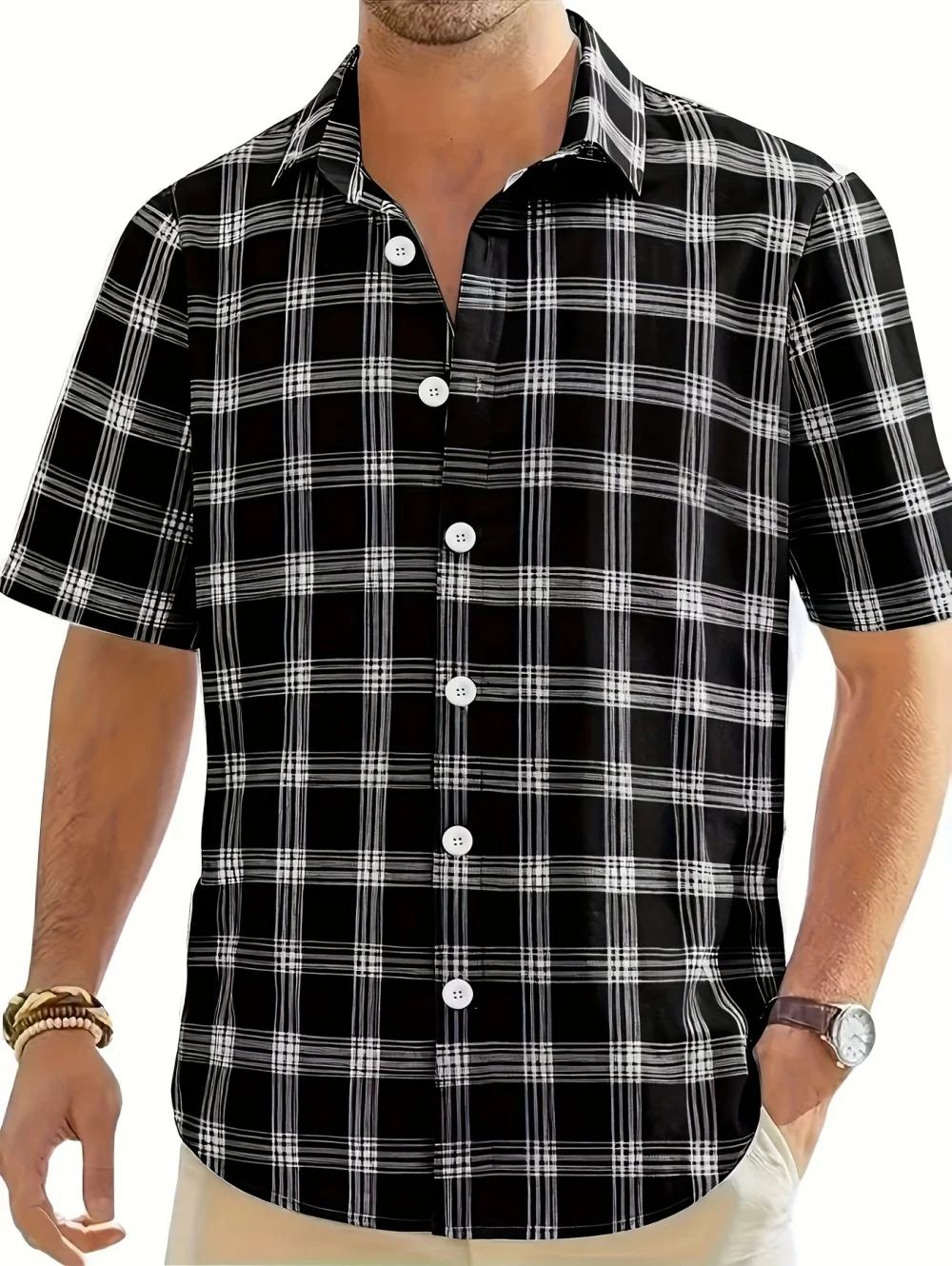 New fashion summer plaid shirt short-sleeved button-down and flap shirts casual business shirts versatile shirts men's clothing.