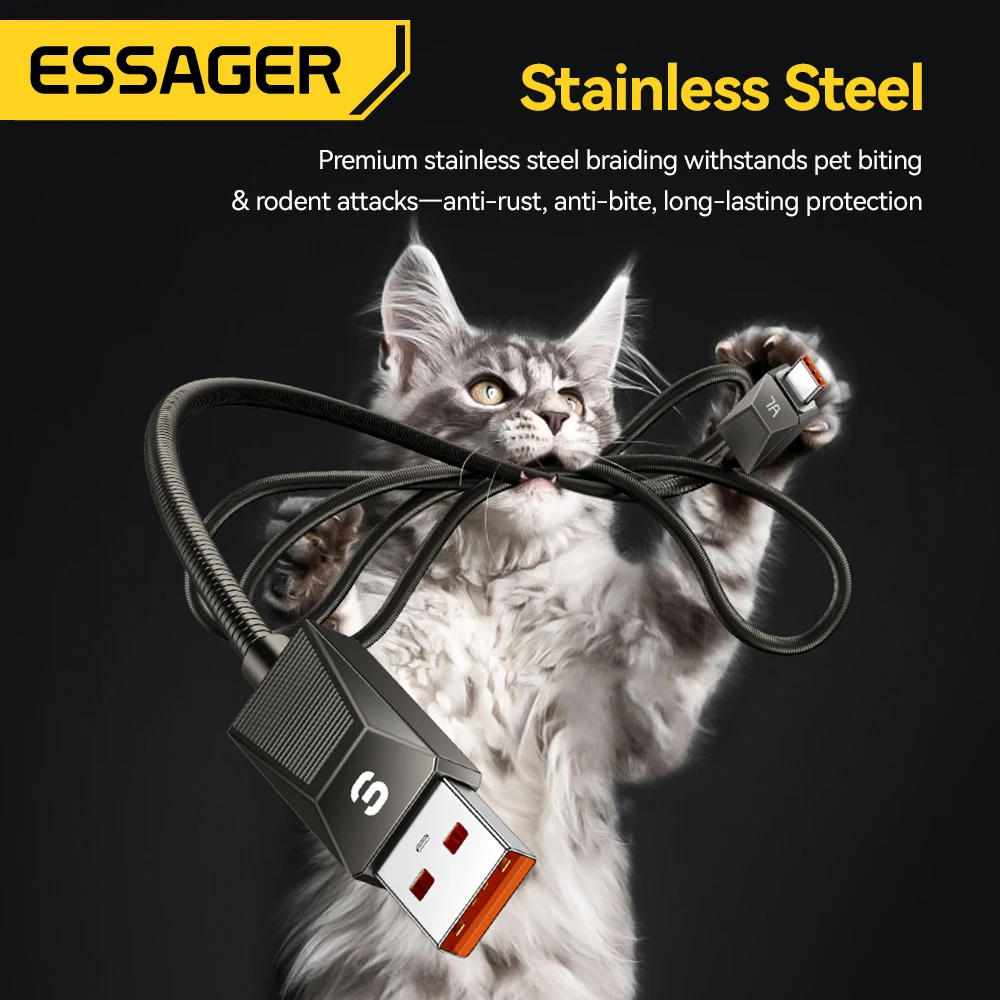 Essager 7A USB نوع C كابل لهواوي الشرف سامسونج OnePlus ممن لهم فيفو Xiaomi 15 100 واط/88 واط الفولاذ المقاوم للصدأ شحن سريع سلك البيانات #3