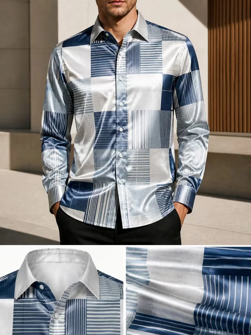 New Square Vertical Stripe Geometric Splicing Printed Long Sleeve Shirt with Smooth Drop and Satin Collar for Men