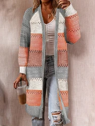 New into the spring and autumn women's fashion casual resort colour blocking shoulder sleeve long knitted jumper cardigan