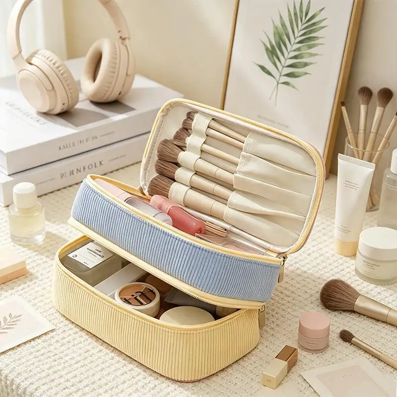 Corduroy Double Layer Makeup Bag Large Capacity with Brush Slots Waterproof Lining Cosmetic Organizer Gift for Women Travel