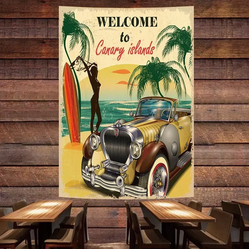 

WELCOME TO Canary is Lands Vintage CAR Poster Tapestry Flag Wall Painting GARAGE Gas Station Auto Repair Shop Wall Decor Banner